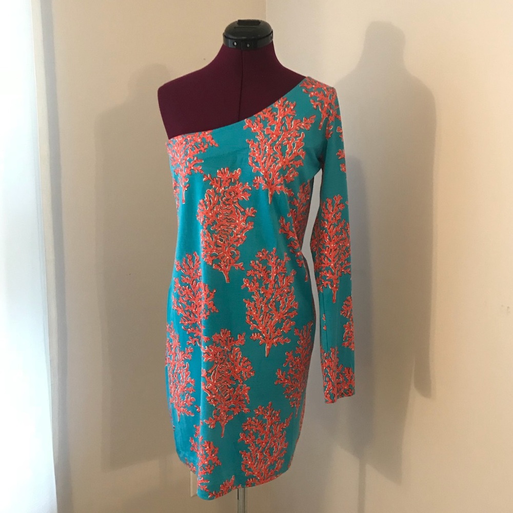 Lilly Pulitzer Coral & blue one sleeve midi dress